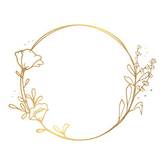 Hand drawn gold poppy flower wreath in cute doodle style isolated on white background. Premium luxury vector llustration for postcard, wedding invitations, birthday. Copy space for text.