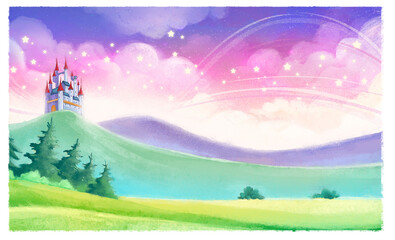 Illustration of landscape with magic castle © cirodelia