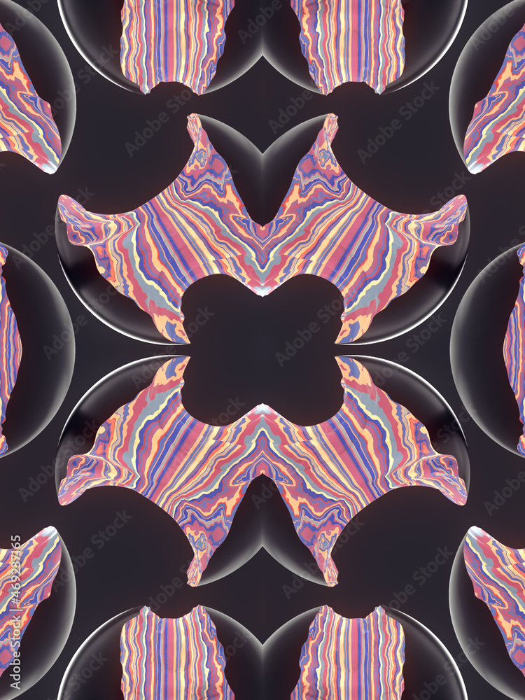 Poster abstract composition of shiny black plastic cut through burning distorted striped pattern 3d renderi