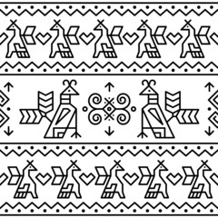 Slovak folk art vector seamless textile or fabric print pattern with brids and geometric motif inspired by traditional painted art from village Cicmany in Zilina region, Slovakia