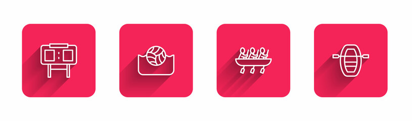 Set line Sport mechanical scoreboard, Water polo, Canoe rowing team sports and Boat with oars with long shadow. Red square button. Vector