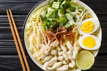 Indonesian Chicken Soup With Noodles, Turmeric and Ginger Soto Ayam close up in the plate on the table. Horizontal top view from above