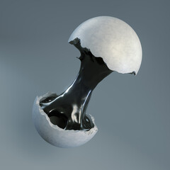 Ceramic sphere cracked in half glued together with black chewing gum. 3d rendering digital illustration