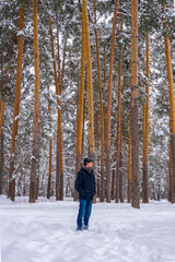 Naklejka premium Man walking in winter snow covered forest in cloudy day. Man standing against landscape with pine trees. Human and nature, weekend at countryside, winter vacation concept