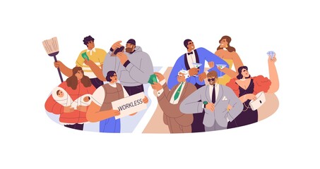 Poor vs rich people. Wealth and poverty concept. Financial gap between different social classes. Compare of inequality and disparity of societies. Flat vector illustration isolated on white background