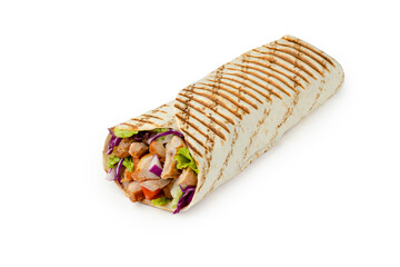 burrito with beef, lettuce and tomato cut on a white background