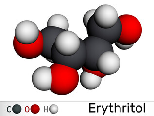 Erythritol molecule. It is sugar alcohol or polyol, food additive, sugar substitute, E968. Is found in algae, fungi, lichens. Molecular model. 3D rendering