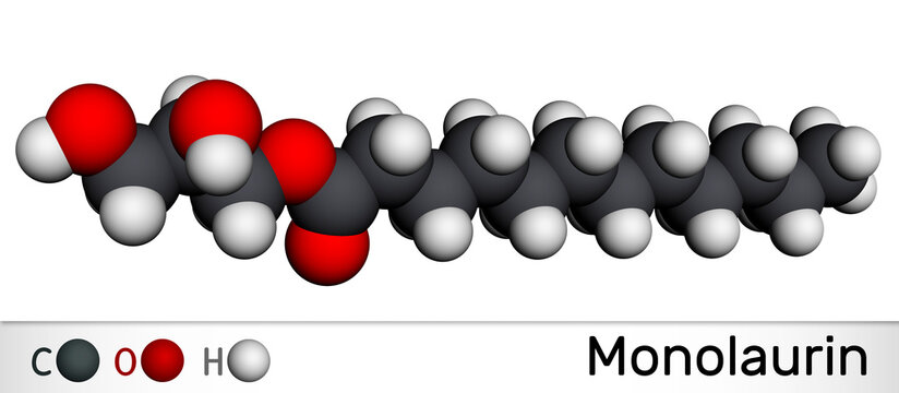 Monolaurin, glycerol monolaurate, glyceryl laurate molecule. It is monoglyceride and dodecanoate, used as a surfactant in cosmetics. Molecular model. 3D rendering