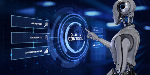 Quality control assurance standard concept. Robot pressing button on screen 3d render.