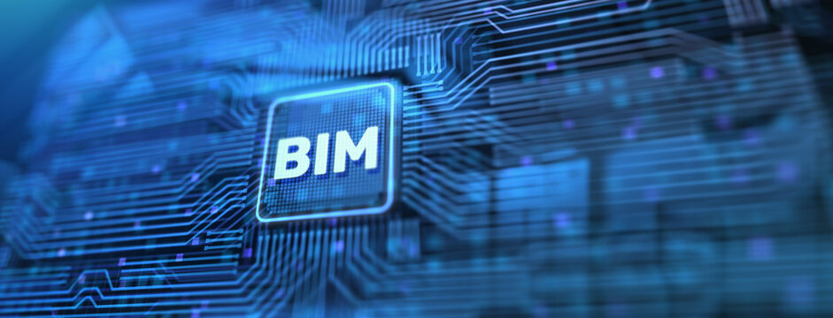 BIM Building information modeling software system. Businessman pressing button on screen.