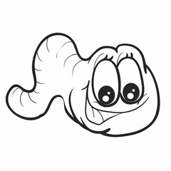 sketch, cute worm character with big eyes, coloring book, cartoon illustration, isolated object on white background,