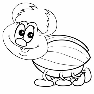 sketch, cute beetle character with big eyes and cute paws, coloring book, cartoon illustration, isolated object on white background,