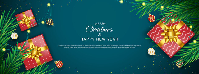 Naklejka premium Merry christmas and happy new year banner template design with decorative christmas light.