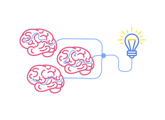 Brainstorming Illustration, Brains and Idea Lightbulb on White Background, Teamwork Concept.