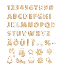 Gingerbread cookies alphabet for decoration design. Christmas Letters. Sweet dessert font. Winter elements.