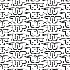 Cartoon snake silhouette vector seamless pattern. Black serpent on white background. 