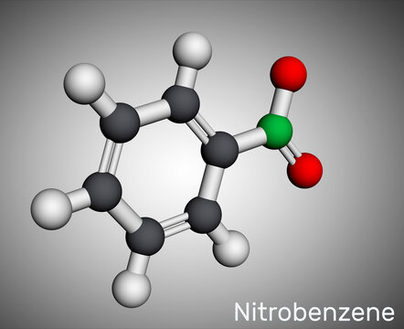 Nitrobenzene molecule. It is used in the manufacture of aniline, dyes, drugs, pesticides, and synthetic rubber Molecular model. 3D rendering