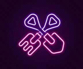 Glowing neon line Shovel and rake icon isolated on black background. Tool for horticulture, agriculture, gardening, farming. Ground cultivator. Colorful outline concept. Vector