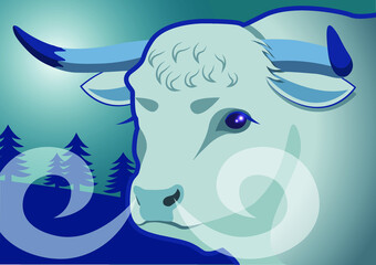 Yakut mythical bull. White ox and night sky. Cold bull. Bull - symbol of cold. Winter symbol vector illustration. Zodiac sign taurus. Year of the bull. Chinese horoscope. Siberian ox. Steam from nose.