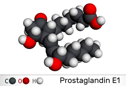 Prostaglandin E1, PGE1, alprostadil molecule. It is potent vasodilator agent, medication used to treat erectile dysfunction. Molecular model. 3D rendering