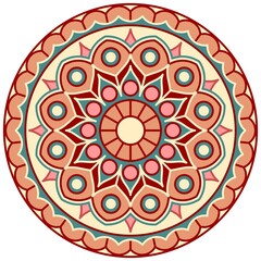 Round colorful mandala with geometric and floral pattern. Vector drawing isolated on white background.