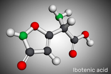 Ibotenic acid psychoactive drug molecule, It is non-proteinogenic alpha-amino acid, neurotoxin, Is found in AMANITA mushrooms, Molecular model, 3D rendering, Illustration