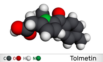 Tolmetin molecule. It is monocarboxylic acid, nonsteroidal anti-inflammatory drug NSAID. Molecular model. 3D rendering