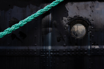 Black ship hull texture background. Rusty detail of dark, weathered marine tanker bow with rivets, green rope and porthole. Low-key, scenic, cinematic, fairy, historical, moody backdrop. Copy space