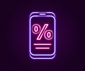 Glowing neon line Percent discount and mobile phone icon isolated on black background. Sale percentage - price label, tag. Colorful outline concept. Vector