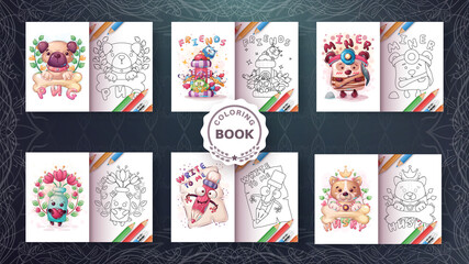 Set cartoon character animal coloring book