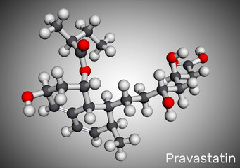 Pravastatin molecule. Statin, anticholesteremic drug, used to lower lipid levels, to reduce the risk of myocardial infarction, stroke. Molecular model. 3D rendering