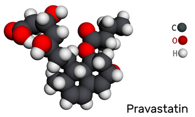 Pravastatin molecule. Statin, anticholesteremic drug, used to lower lipid levels, to reduce the risk of myocardial infarction, stroke. Molecular model. 3D rendering