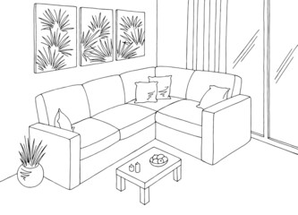 Living room graphic black white home interior sketch illustration vector 