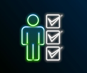 Glowing neon line User of man in business suit icon isolated on black background. Business avatar symbol user profile icon. Male user sign. Colorful outline concept. Vector
