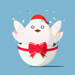 A cute white chick breaks free of the shell with a Santa hat. Chick sitting in a cracked egg and red ribbon. Christmas concept illustration