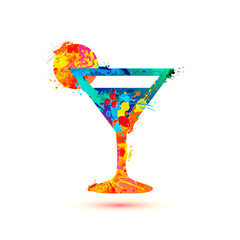 Cocktail glass of splash paint. Colorful vector icon