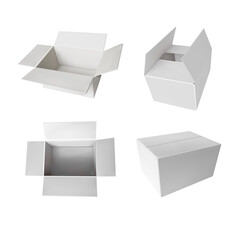 White Boxes Set Isolated on White Background, Realistic 3D Blank Mockups.