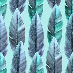 Tropical seamless pattern with hand painted watercolor banana leaves. Blue leaves on light background.