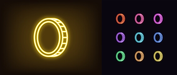 Outline neon coin icon. Glowing neon coin sign, token pictogram in vivid colors. Money and currency, token and cryptocurrency, finance and investments. Vector icon set, symbol for UI