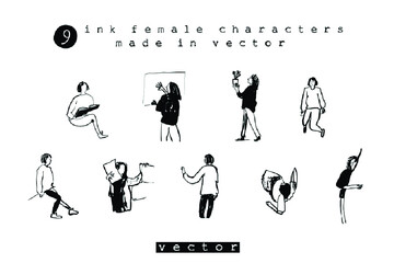 9 Hand Drawn Ink Girls. Sketchy female characters made in vector