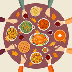 Thanksgiving Day festive dinner. Traditional Thanksgiving food, table top view vector illustration.