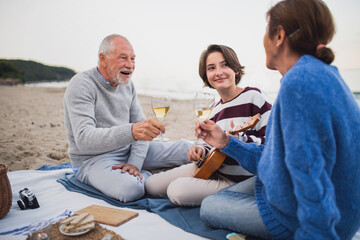 Happy senior couple with granddaughter sitting on blanket and having picnic outdoors on beach by sea.