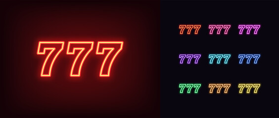 Outline neon 777 icon. Glowing neon 777 sign, lucky number pictogram in vivid colors. Big win and jackpot, online casino game, lucky chance and fortune. Vector icon set, symbol for UI