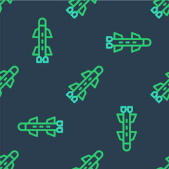Line Rocket icon isolated seamless pattern on blue background. Vector