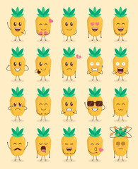 Colorful Cute Pineapple Cartoon Set with Various Expression