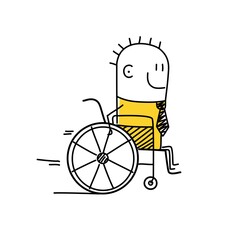Stick figure man drives a wheelchair.