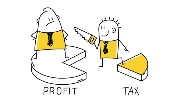 Tax time. Stick man with a saw takes taxes from a businessman.