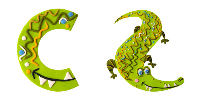 Cute plasticine 3d effect crocodile with c letter alphabet. Jungle rainforest alligator decorated with tribal ornament.