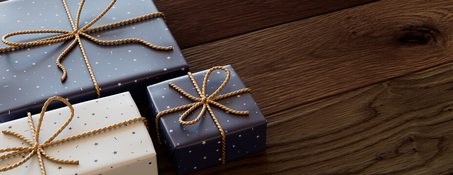 Wrapped Presents with elegant Navy and White designs, on a Dark Wood Background.