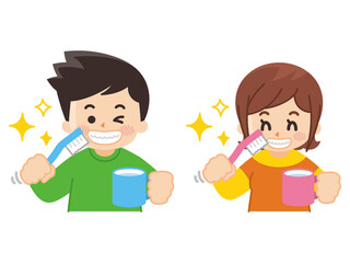 歯磨きをする若い男女